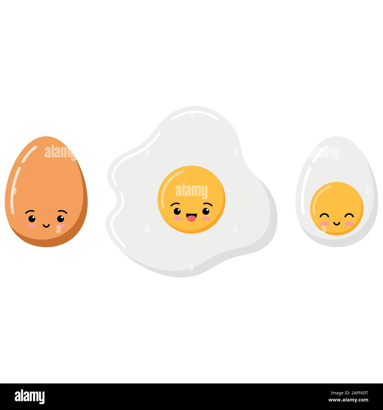 Emoji mignon frits, bouillis et la moitié des oeufs icon set isolé sur fond blanc. Illustration de Vecteur