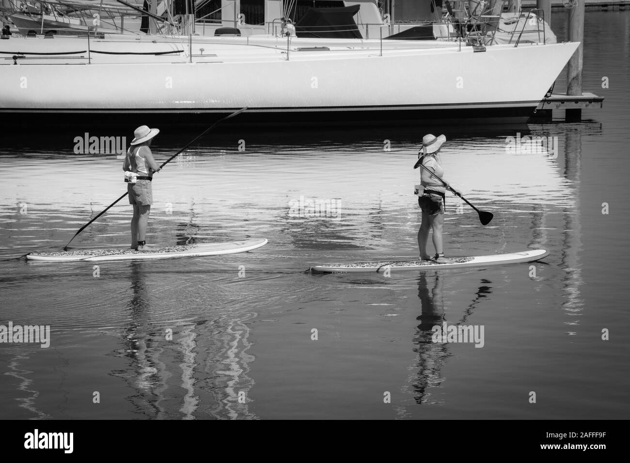 Deux femmes manoeuvrer leur stand up paddle boards dans un canal près de bateaux ancrés dans le port de plaisance dans le port de Santa Barbara, Santa Barbara, CA Banque D'Images