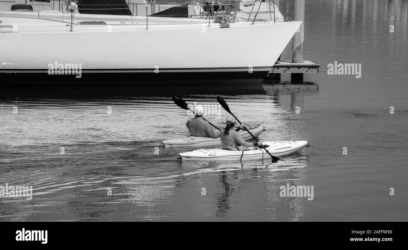 Un ajustement, couple d'âge moyen de leurs manœuvres autour des kayaks voiliers et yachts dans la marina au port de Santa Barbara, Santa Barbara, CA, dans B&W Banque D'Images