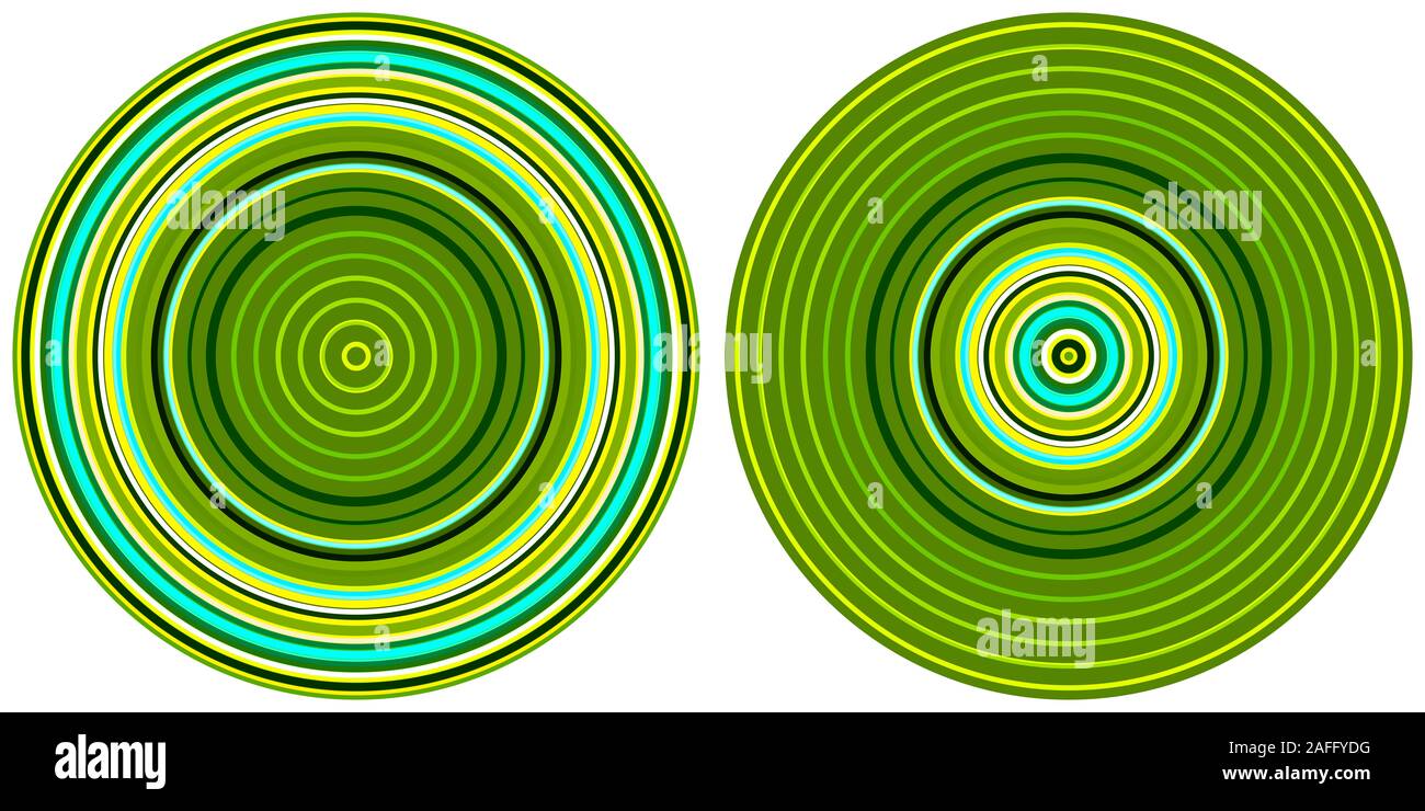 Ensemble de 2 cercles lumineux coloré abstrait isolé sur fond blanc. Les lignes circulaires , texture rayée dans les tons jaune et vert. Modèle rond Banque D'Images