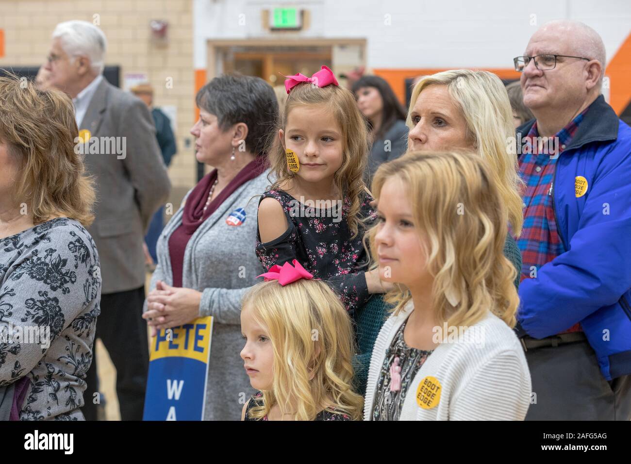Pete maire Buttigieg tenant une campagne présidentielle rassemblement à une école intermédiaire à Washington, Iowa, États-Unis. Banque D'Images