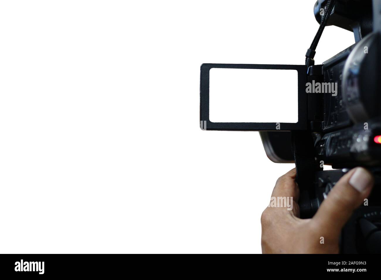 L'enregistrement de vidéo caméra isolé blanc. Affichage isolé blanc et l'arrière-plan pour facile d'éditer votre travail. Journal officiel ou presse interview concept. Banque D'Images