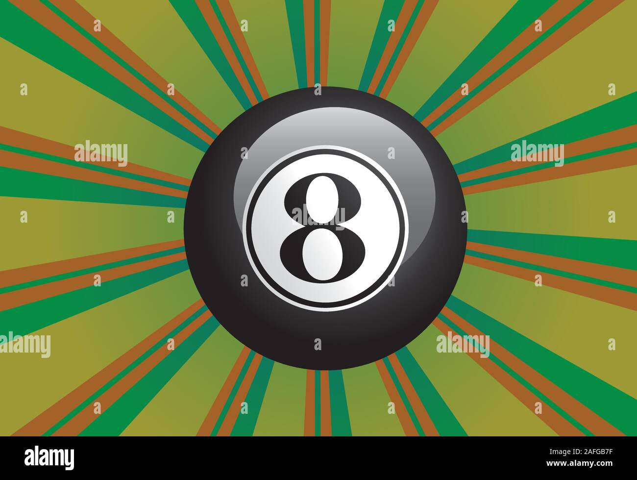 Boule de billard huit noir sur fond coloré avec des rayons. Illustration de Vecteur