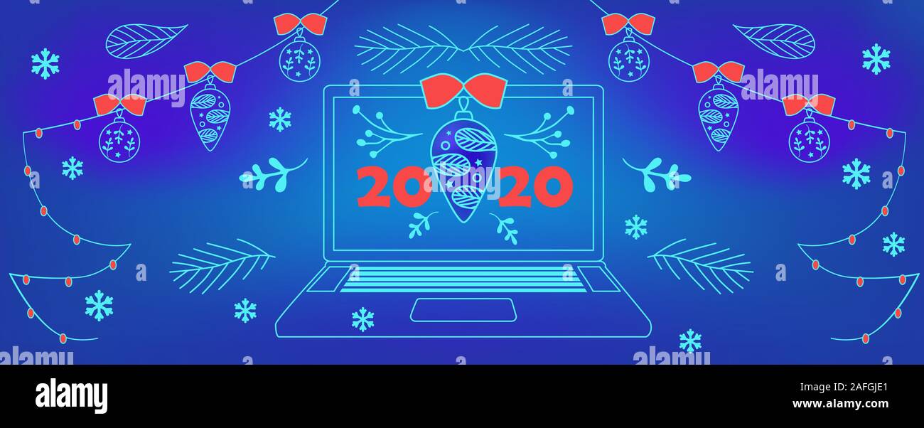 Ordinateur portable, ordinateur portable avec Joyeux Noël et Bonne Année carte d'e-mail, page web, facebook. Design plat moderne des éléments graphiques. Noël Vector illust Illustration de Vecteur