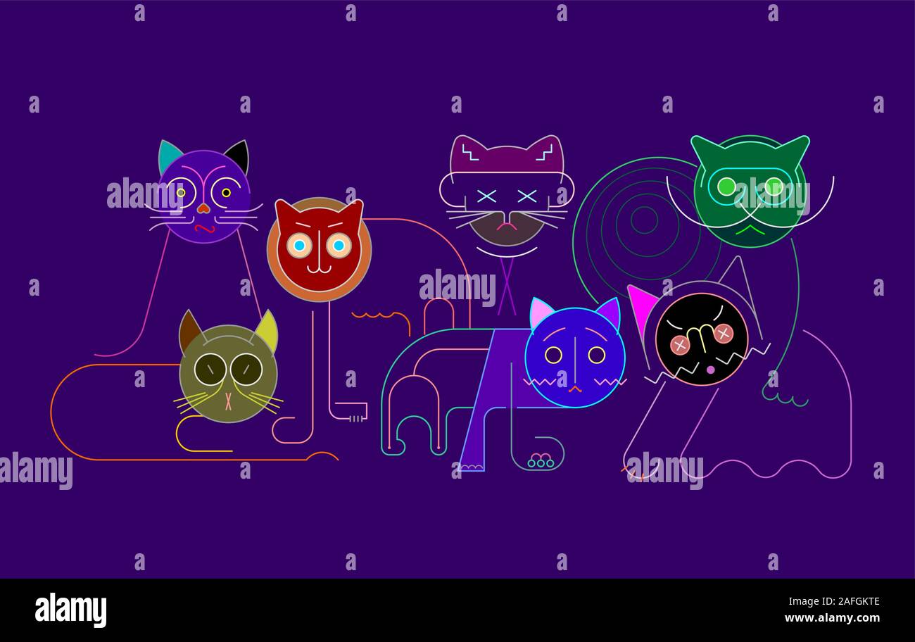 Colorful isolé sur un fond bleu foncé Groupe de chats vector illustration. Illustration de Vecteur