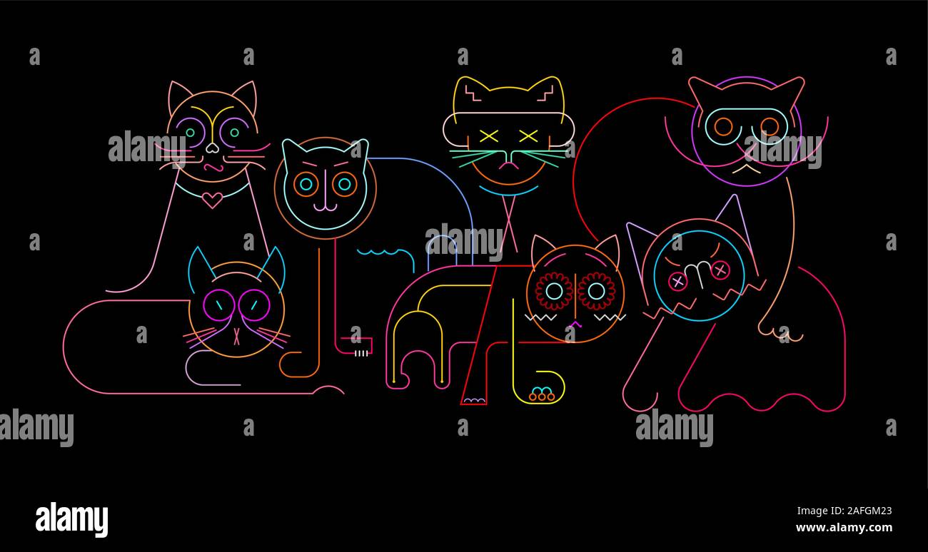 Les couleurs néon sur fond noir chats vector illustration. Groupe de sept différents players. Illustration de Vecteur