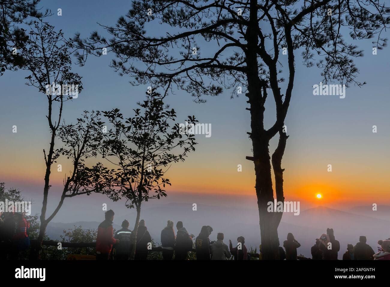 La silhouette de touristes regardant la mer de brouillard au sommet de la montagne, Phurua district, province de Loei, Thaïlande. Banque D'Images