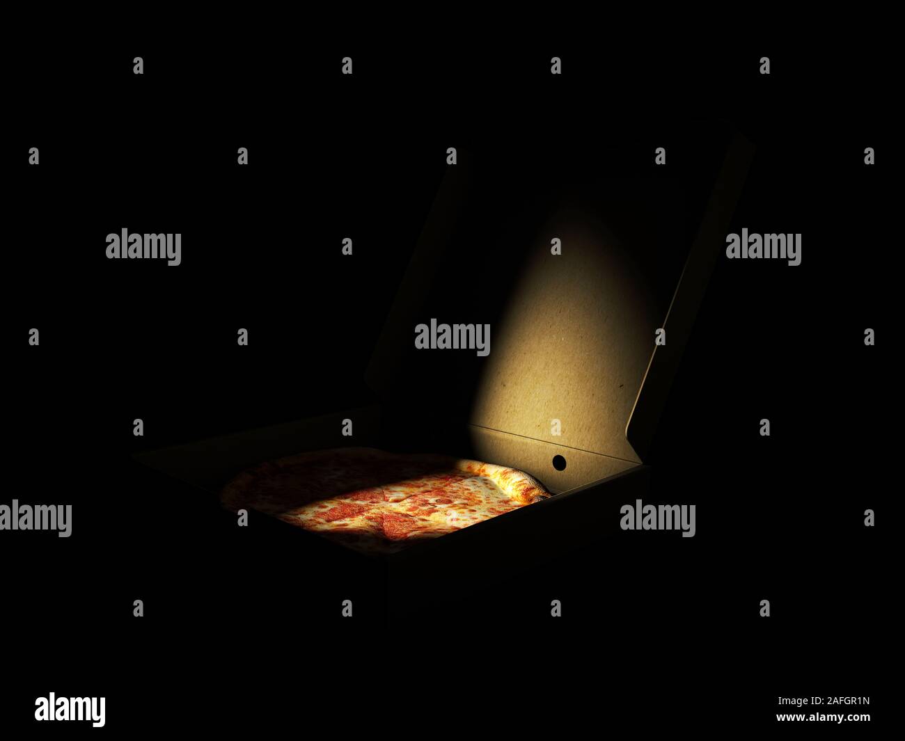 Le Rendu 3D de pizza dans une boîte en carton avec un arrière-plan foncé. Livraison de pizza ou Pizza menu content. Banque D'Images