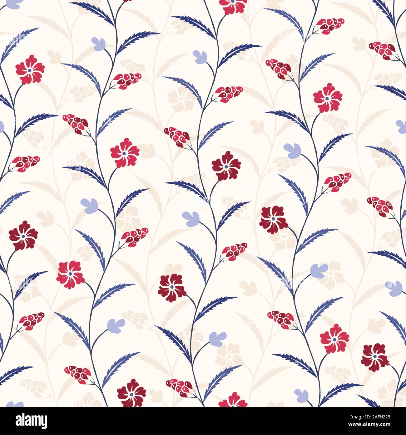 Les bleu et rouge Fleurs traditionnelles de chintz. motif transparent vecteur Défilement classique brillant feuillage et fleurs floral Background parfait pour T Illustration de Vecteur