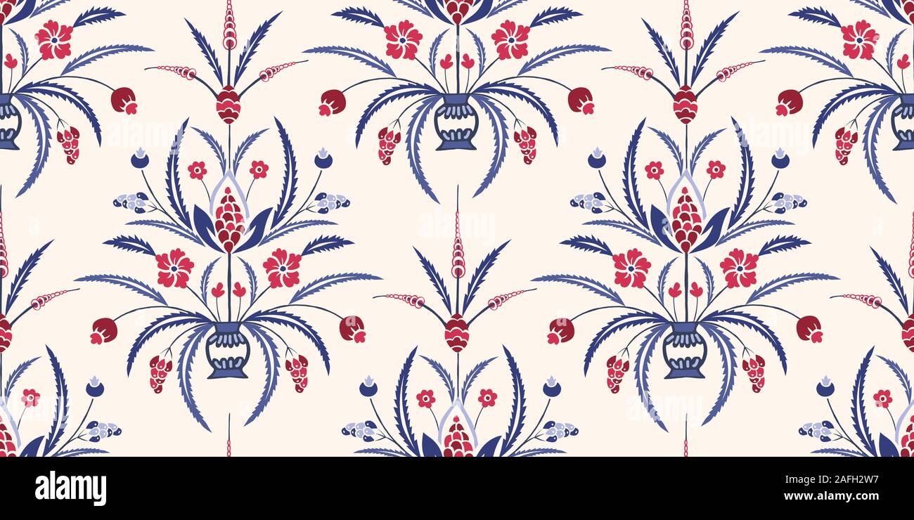 Traditionnel bleu et rouge Floral damassé Seamless Vector Chintz Pattern. Défilement classique lumineux fleurs et feuillage un arrière-plan parfait pour les textiles Illustration de Vecteur
