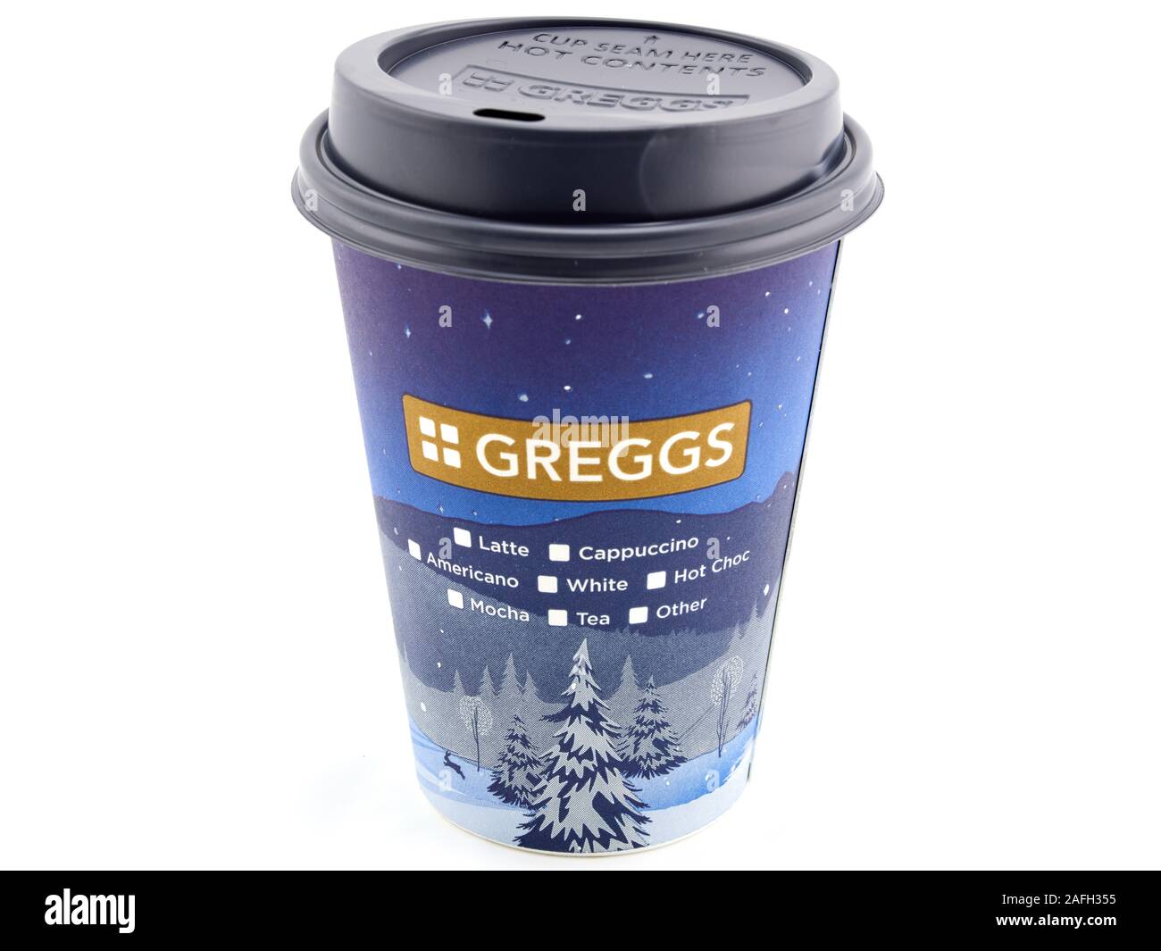 Manchester, UK - 12/12/19 : thème de Noël marque Greggs tasse à café jetable Banque D'Images