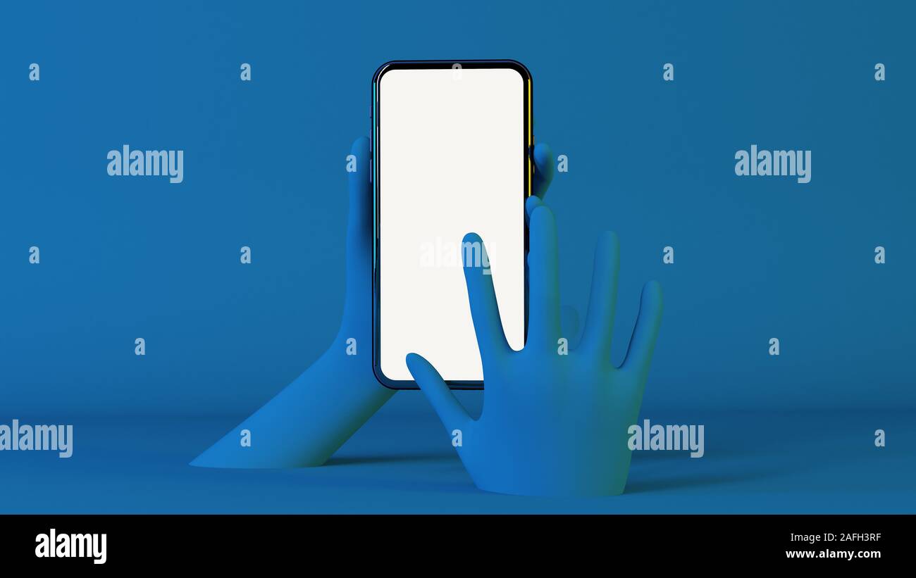 Classique bleu mains touchin rendu 3D de l'écran du smartphone immersive Banque D'Images
