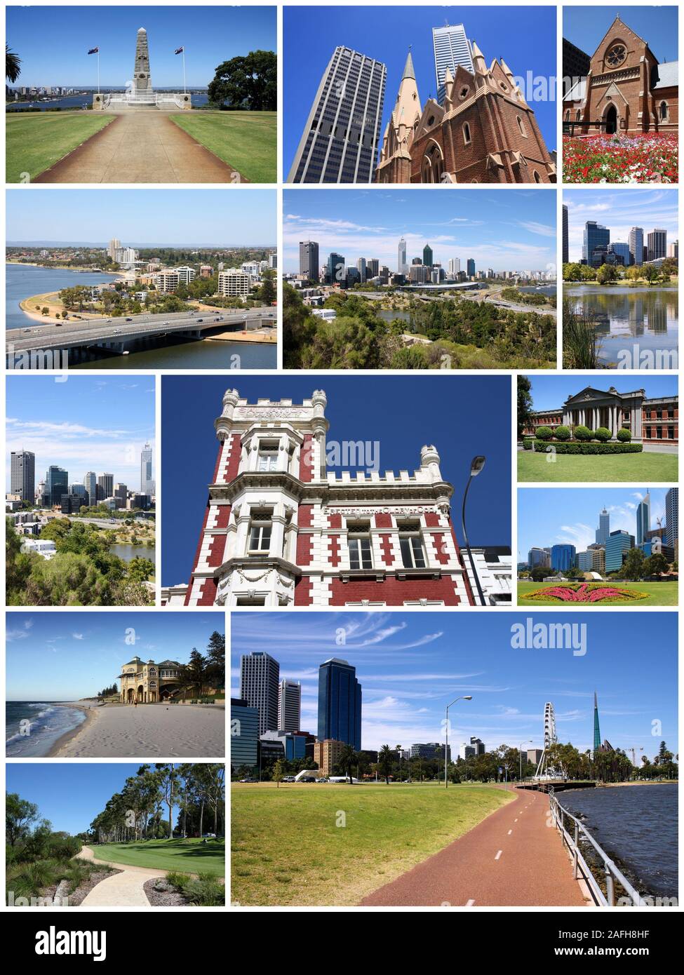 Perth, Australie - photo collage avec la ligne d'horizon de la ville et des monuments. Banque D'Images