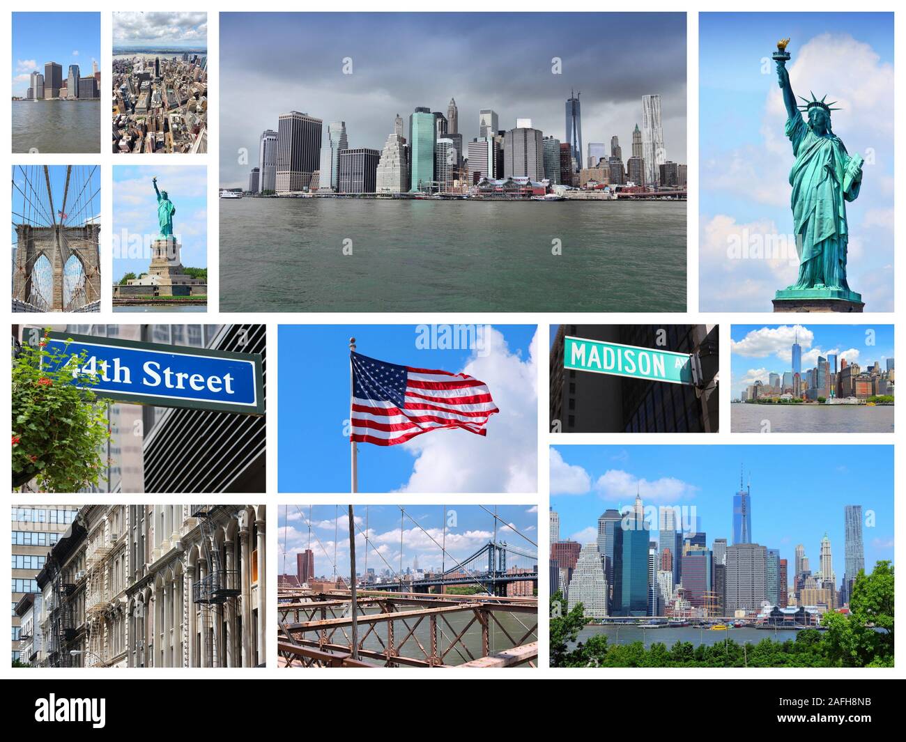 New York City travel collage - ensemble de photo avec la Statue de la liberté, Manhattan et pont de Brooklyn. Banque D'Images