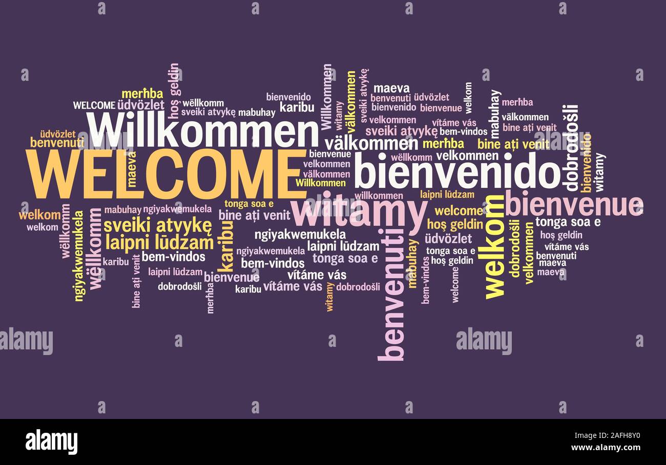 Message de bienvenue se connecter. Panneau de bienvenue International en plusieurs langues comme l'anglais, allemand, espagnol et français. Banque D'Images