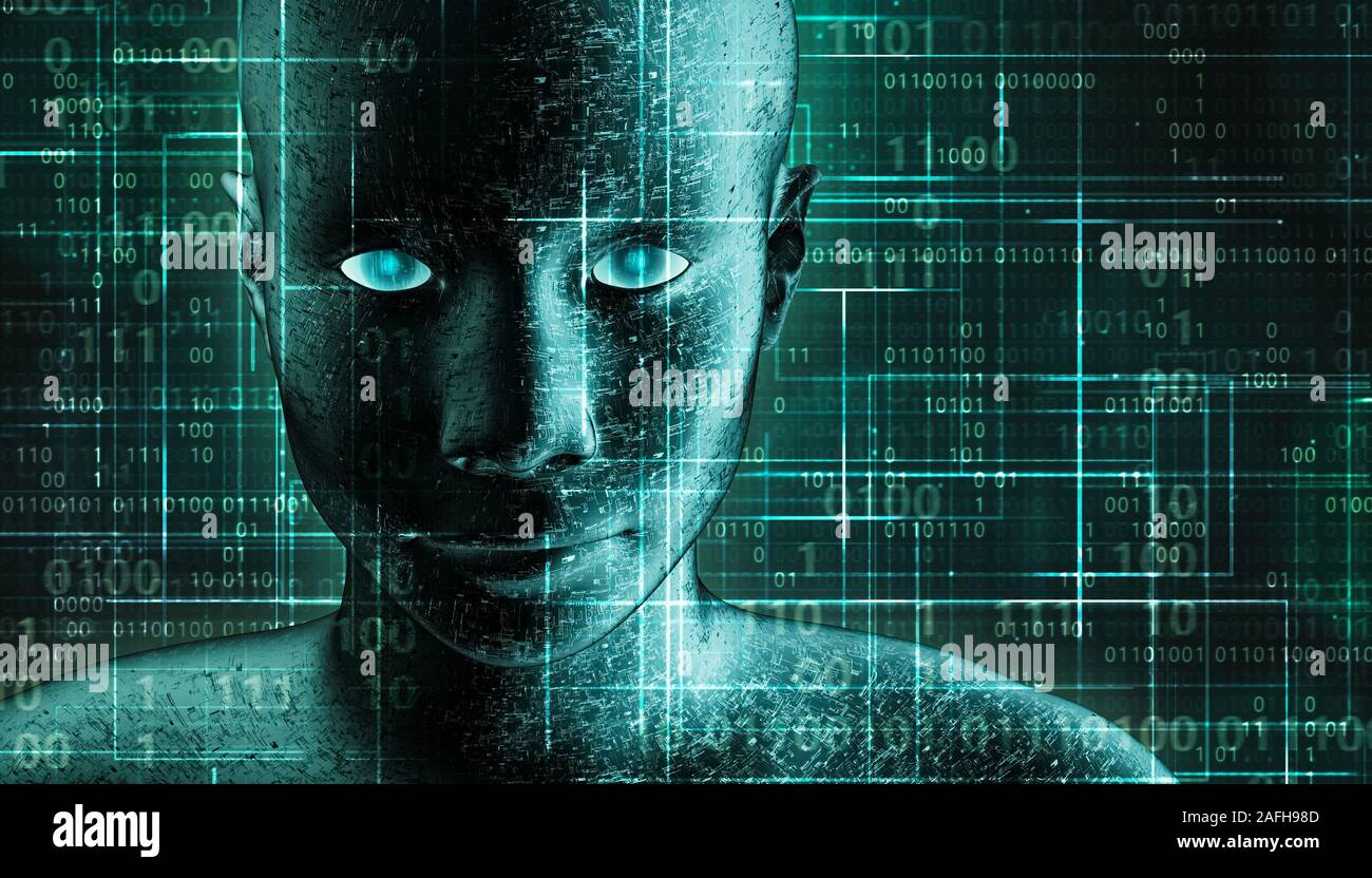 Science-fiction futuriste et les droits de l'Android avec portrait de la peau métallique de BPC et de code binaire, fond vert. L'IA, elle, de la technologie, robotique, science, transhuma Banque D'Images