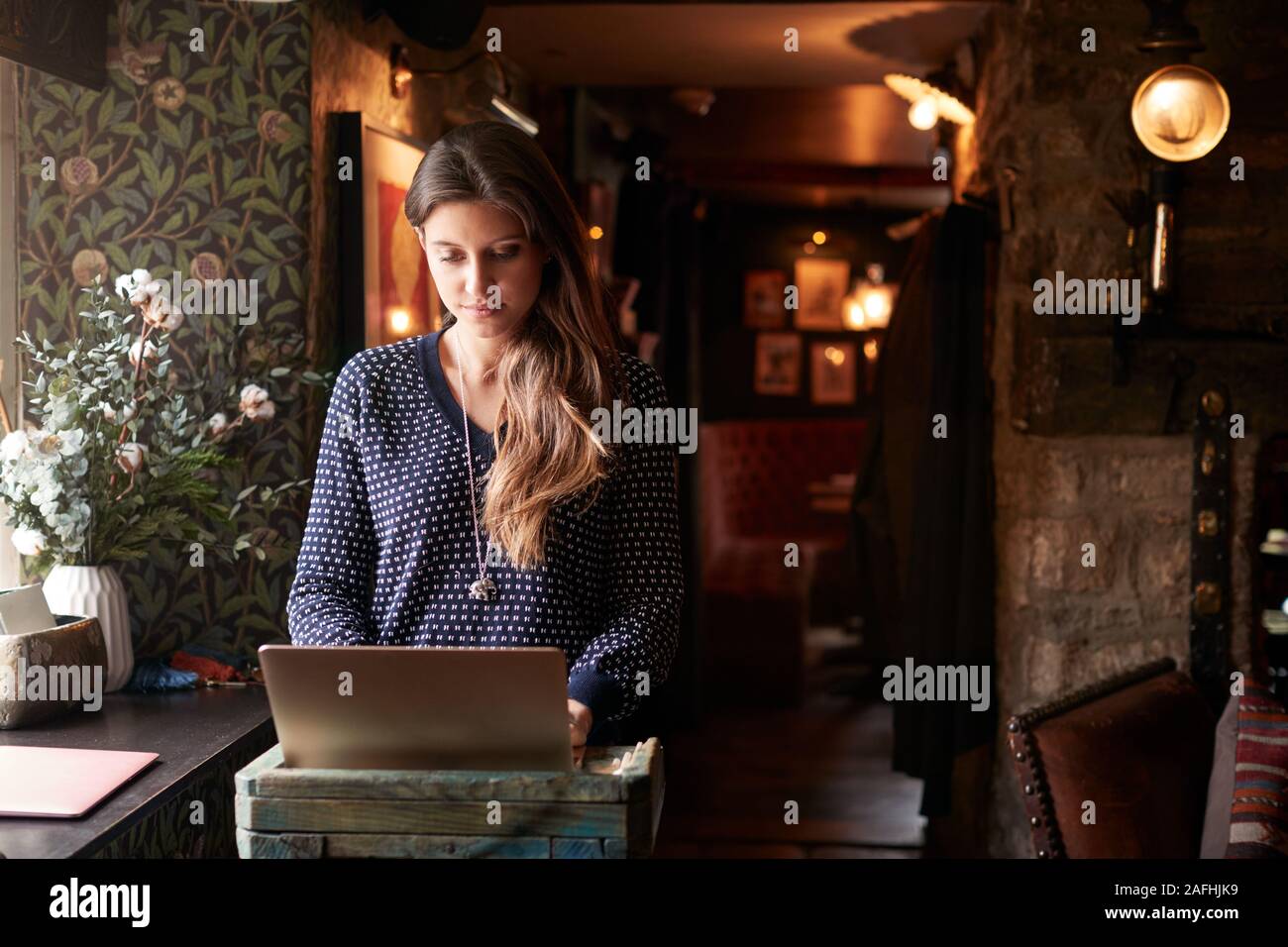 Réceptionniste femmes travaillant sur ordinateur portable à l'hôtel à l'hôtel Banque D'Images