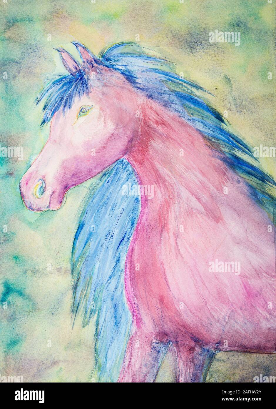 Cheval avec la crinière rose bleu. La technique du badigeonnage près des bords donne un effet de flou en raison de la modification de la rugosité de surface du papier. Banque D'Images
