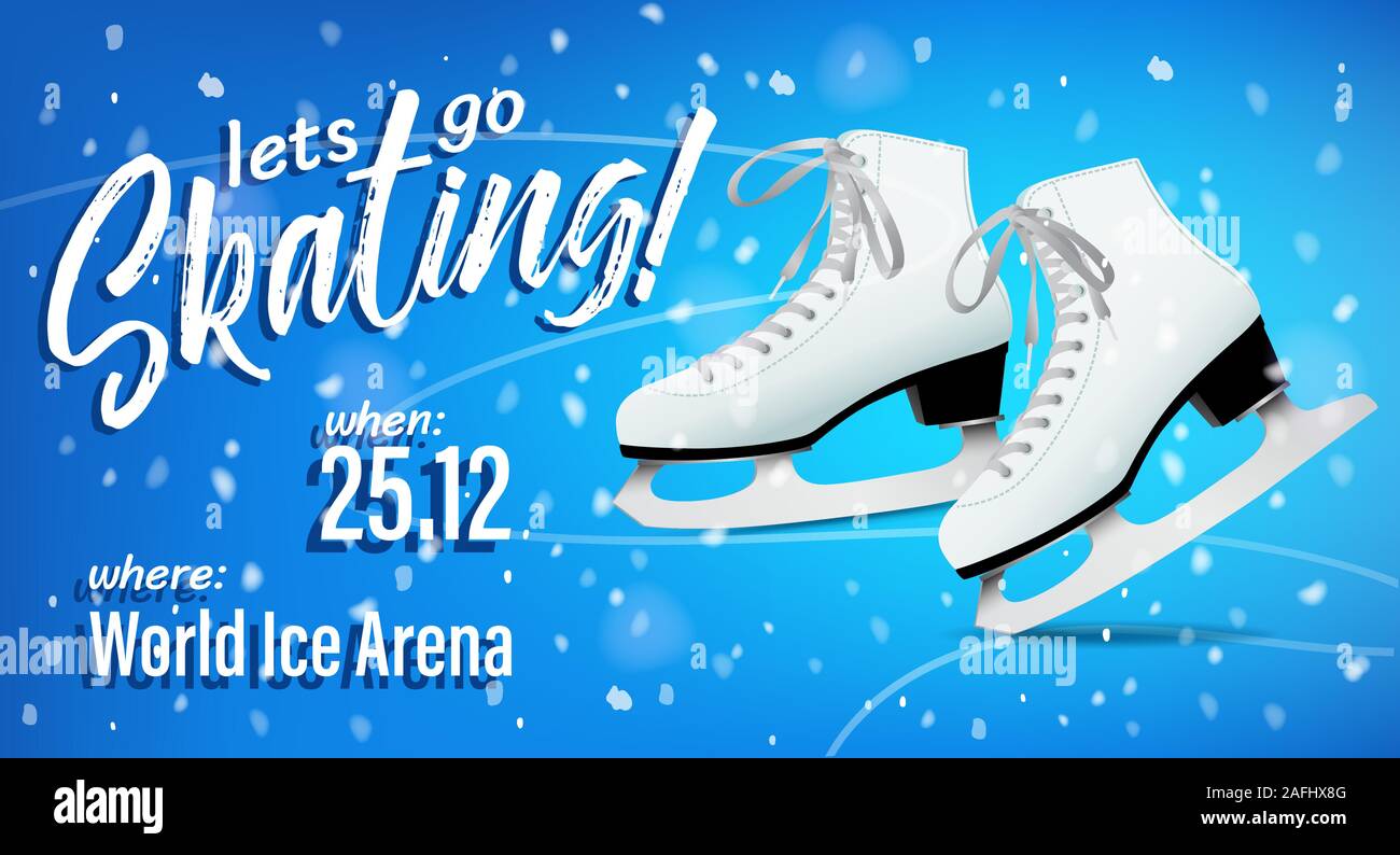Vous permet d'aller patiner poster avec paire de patins à glace classique blanc sur fond bleu, modèle de scénario. Illustration de Vecteur