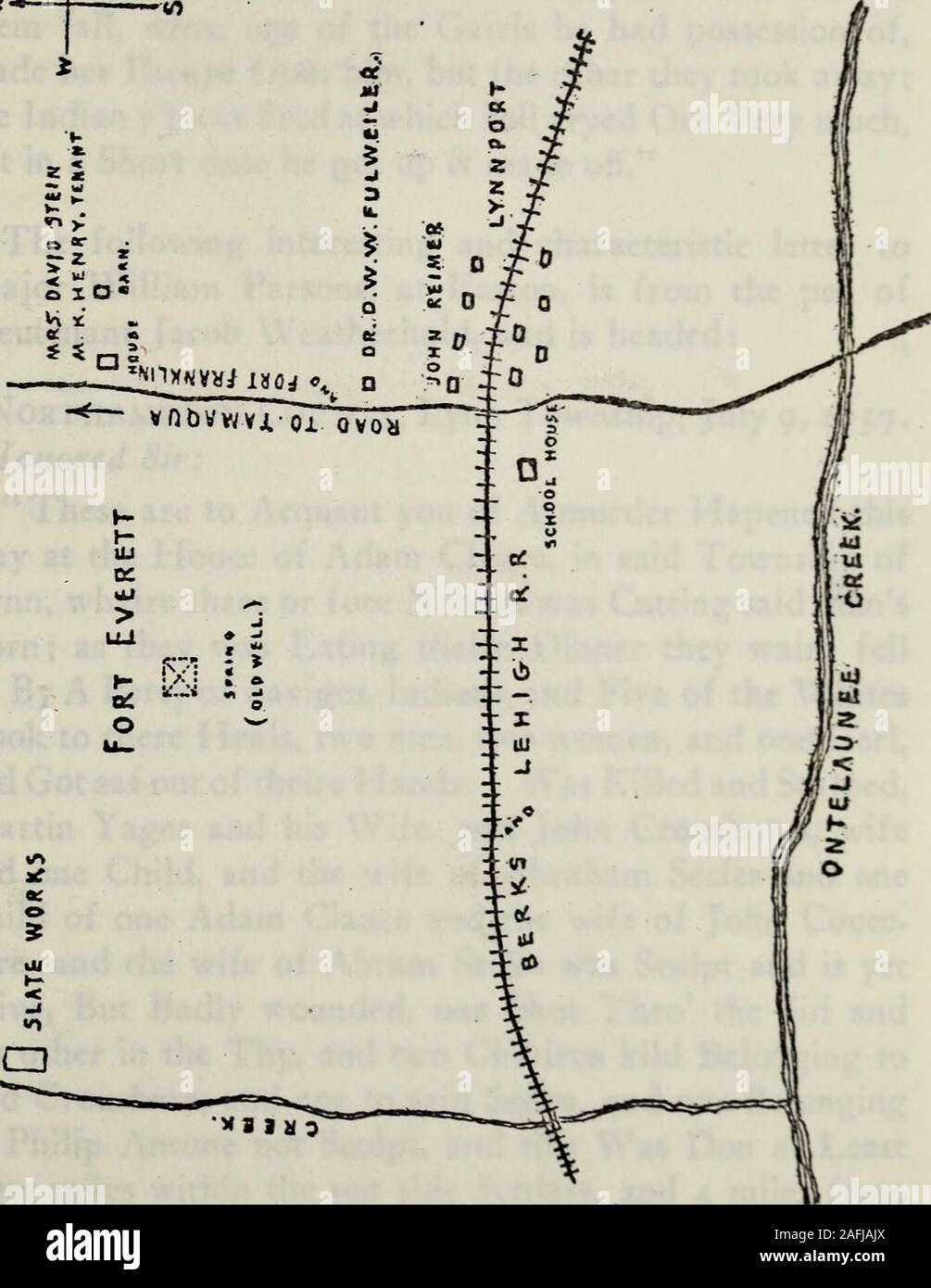 . La Société de Pennsylvanie : [Publications]. Par thirtyfeet. Elle a été érigée sur la propriété de John Everett, Aman de l'importance à l'époque, et de la même familyas Edward Everett, du Massachusetts, où il était venu.Si, toutefois, le bâtiment était la maison de M. Everett, ou si le fort était un bâtiment séparé,érigée sur sa place, c'est difficile à dire. Il est plus que capable de pb ce fut le cas. Aux environs de Fort Everett était, en aucun cas, exemptfrom ses scènes de violence et de mort. La justice Timothy Horsfield écrit au Gouverneur Denny,à partir de Bethléem, le 30 novembre, 1756 Banque D'Images