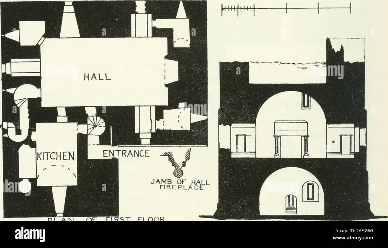 . L'architecture domestique et de l'Écosse, du xiie au xviiie siècle. plus petite d'entre elles, qui n'est que de 6 pieds3 pouces de haut, et le passage adjacent, ont chacun une fente commandant DEUXIÈME PÉRIODE - 140 - la porte du château CESSFORD ; la plus grande instance semble avoir été le garde,étant près de la porte d'entrée et également proche de le donjon. Le plancher du dernier (étouffé avec des ruines) a été probablement 6 ou 7 pieds plus bas thanthe étages voisins, et son toit voûté, aujourd'hui passé, était d'environ 3 feetabove le plancher de la salle de garde. Le donjon a été entré par un moyen d'éclosion dans Banque D'Images