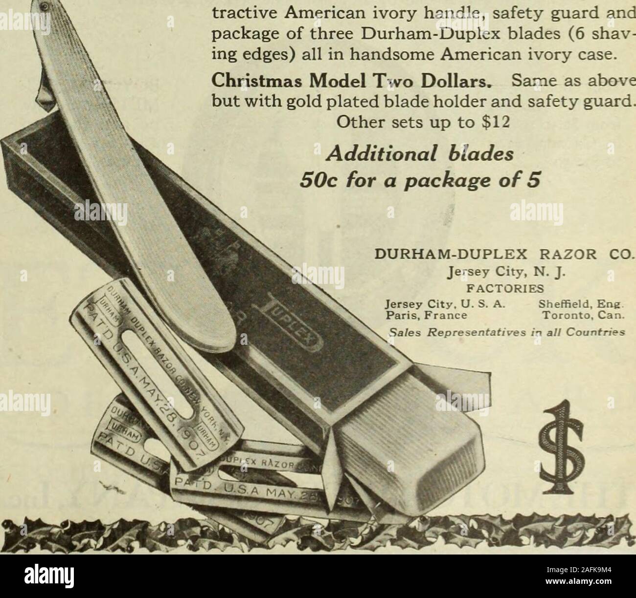 . Le Saturday Evening Post. *S4 9leal ^azor-sécurisé Standard Set complet de un dollar. Fait andSold au Canada au même prix. Rasoir à traction à poignée en ivoire, la sécurité américaine andpackage Durham-Duplex la garde de trois lames (6 shav-ing bords) dans tous les cas d'ivoire américain beau. Modèle de Noël deux dollars. Même comme abovebut avec contacts or porte-lames et d'un dispositif de sécurité.D'autres ensembles jusqu'à 12 lames supplémentaires50c pour un paquet de 5 RASOIR DURHAM-DUPLEX FR Jersey City, N. J. LES USINES. Jersey City. U. S. A.Paris, France Sheffield. EngToronto, Can. Les représentants des ventes dans tous les pays 50 LE SA Banque D'Images