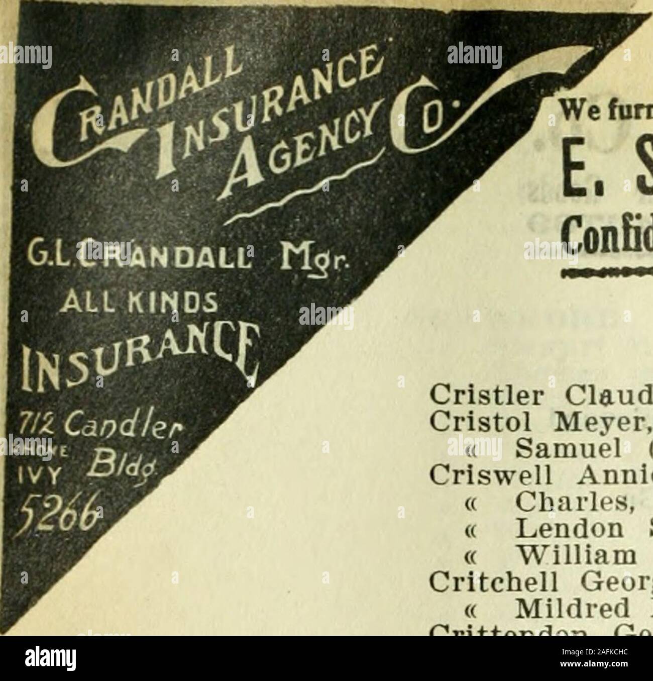 . Annuaire de la ville d'Atlanta. 56 Mme WashingtonSallie, couturière, wks 225 V2 r 111 PowersCrippin Marietta, Ann, veuve James B, R 68 Fulton TerraceCripps B T, greffier Atl Banque Nationale, r 22 E Caïn " O Newton (Helen), Mgr Nouvel Hôtel Williams, r 148 % FormwaltChrisler John (c), journalier, r 243 Williams" J J, dravman. r Peachtree District" LeRoy T (Edith), prés D'UN GA Conf s, r 169 BryanCrison Marearet Mlle, infirmière, r 147 PeeplesCriss Bert C (Rosie) (Brown signe Co), r 250 % HoustonCrissey Edwin, est décédé le 17 février 1912, à l'âge de 74 ans, r 301 Pulliam " George, électricien McGaughey Elec co r, College Park, GA" Ki Banque D'Images