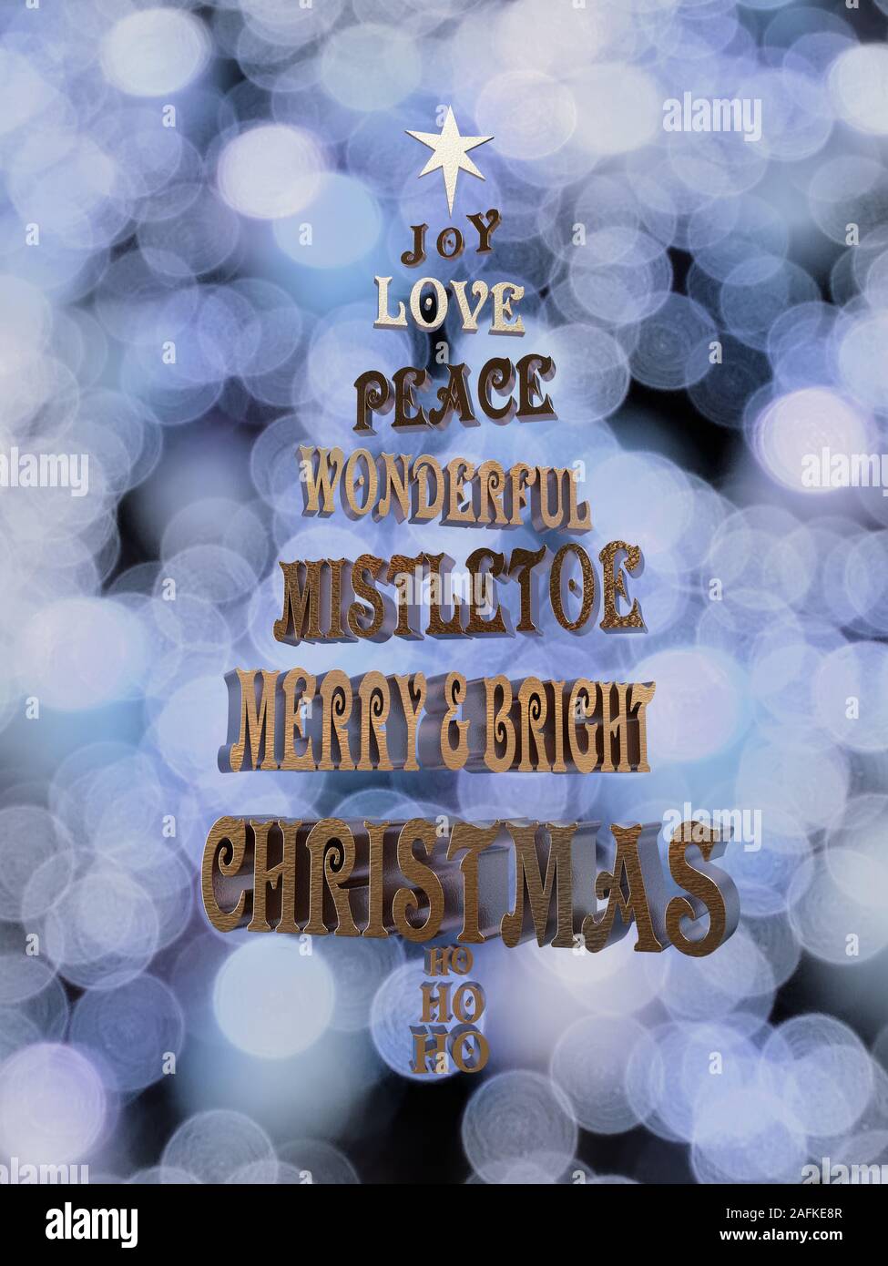 Le rendu 3D de l'arbre de Noël de phrases de texte saison d'or contre l'arrière-plan flou bleuté Banque D'Images