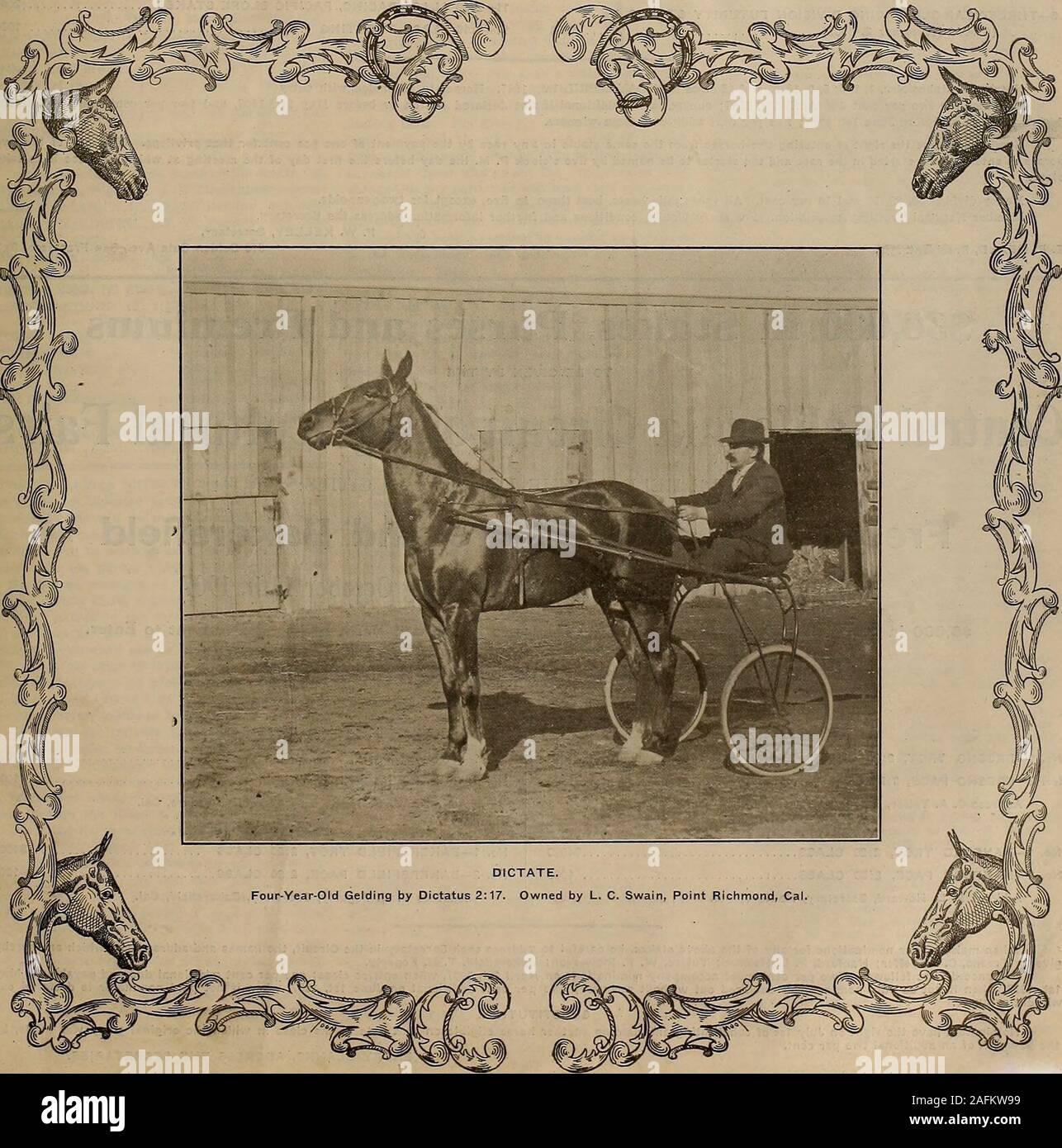 . Source et sportsman. L. N° 11 VOLUME. Samedi 16 mars. 1907. 3,00 $ par année d'abonnement.. L'OBTENTEUR ET SPORTSMAN [Samedi, 16 mars 1907 15 200 $ Enjeux garanti pour 4 jours de réunion 15 200 À ÊTRE DONNÉ PAR LA CÔTE DU PACIFIQUE Trotting Horse Breeders Association Semaine se terminant le 24 août 1907. Entrées à fermer le lundi, le 1er avril 1907. Programme : MERCREDI. Vendredi. 1-2:14 800 7 CLASSE TROTTANT-DEUX ANS DIVISION STIMULATION FUTURITY STAKES No 5 (fermé le 2 novembre 1903) 950 $ 8 ANS DIVISION TROT FUTURITY STAKES No 4 (fermé le 15 octobre, 1904) 2300 jeudi. 9-2:08 STIMULATION CLASSE Banque D'Images