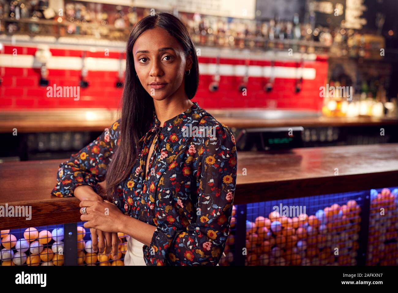 Portrait de femme Bar Owner Standing Par Contre Banque D'Images