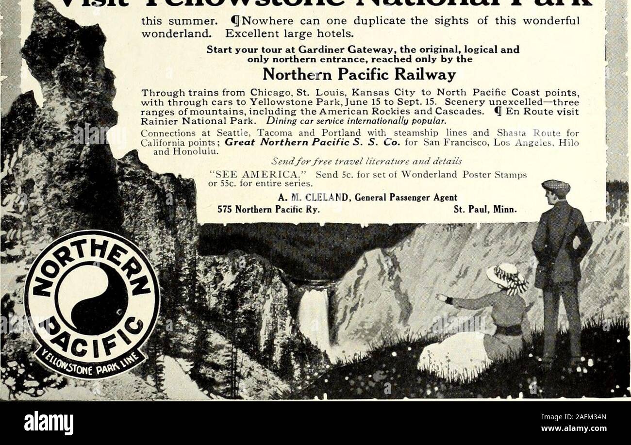 . St Nicholas [Série]. ST. Annonces 21 NICHOLAS Visitez Yellowstone National Park cet été. ^nulle part peut-on reproduire les sites de cette wonderfulwonderland. D'excellents hôtels. Commencez votre visite à Gardiner Gateway, l'original, andonly logique entrée nord, accessible seulement par le Northern Pacific Railway trains directs à partir de Chicago. Saint Louis, Kansas City à côte du Pacifique Nord points,avec l'intermédiaire de voitures pour le parc de Yellowstone, du 15 juin au 15 septembre. Threeranges-inégalée de paysages de montagnes, y compris l'American Rockies et Cascades, visitRainier En Route Parc National. Coin c Banque D'Images