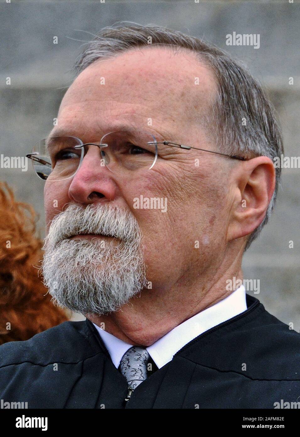 Topeka, Kansas, États-Unis, le 14 janvier 2019, juge en chef de la Cour suprême du Kansas Lawton Nuss attendant de pouvoir officier lors de l'Inauguration du gouverneur démocrate Laura Kelly Banque D'Images