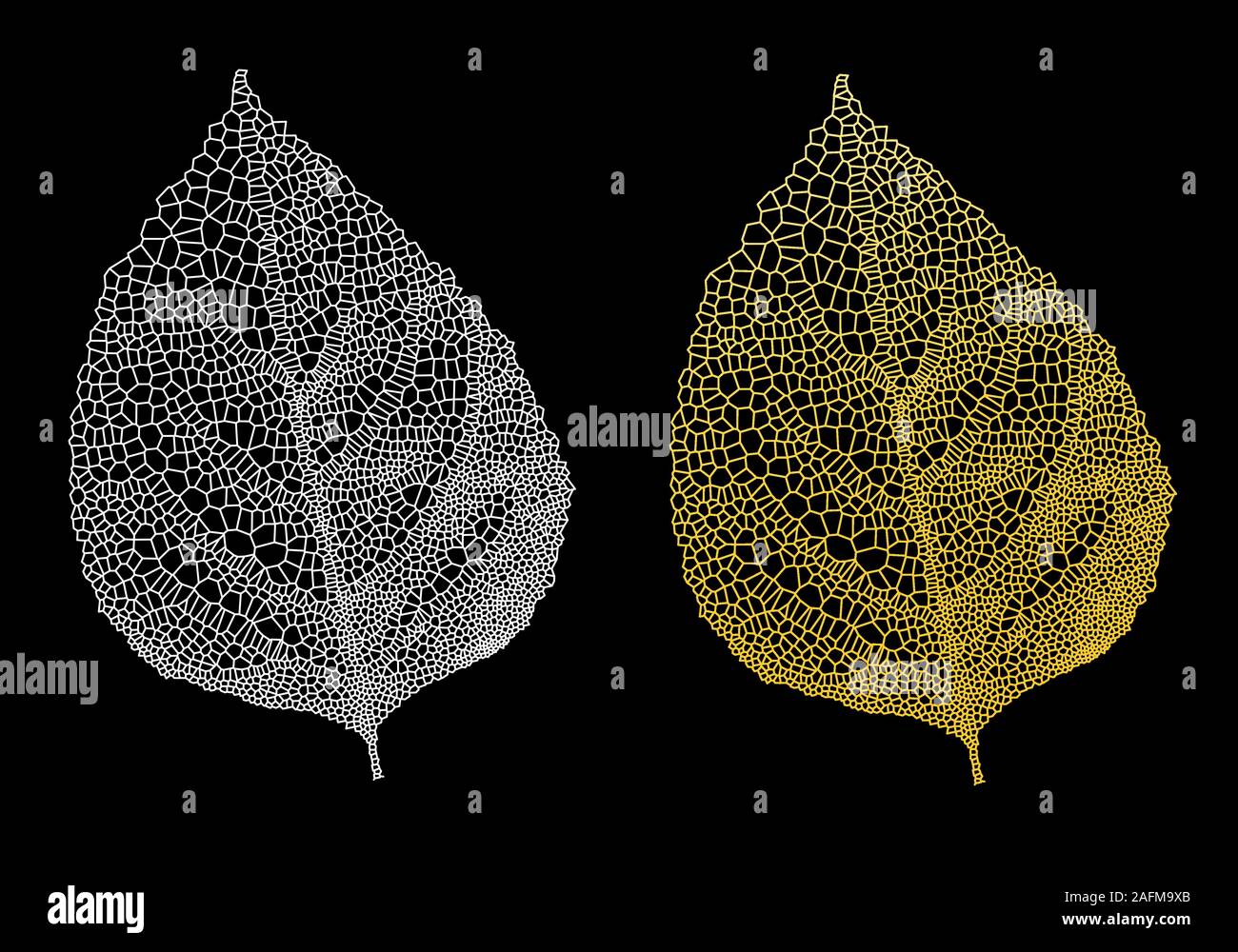 Veine d'or, l'or des feuilles feuilles squelette, les dessins vectoriels sur fond noir Illustration de Vecteur