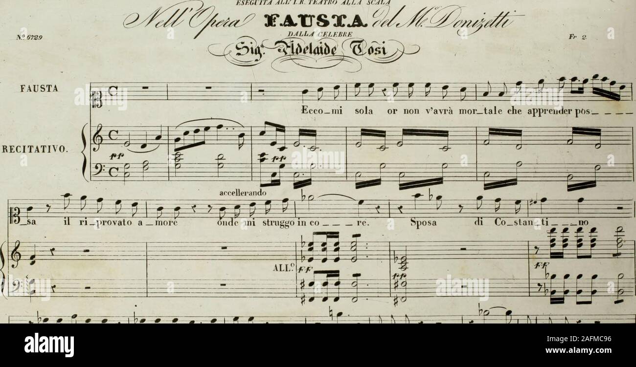 . Fausta : melodramma en atti. e le compagne aut. F 67i28 F Attacca en cadence Recitativo e Cavatine^Ah ! Se damor 5,9 ? 9 r JE RECE CAPATINA ESEGUTA ALLIR Teatro alla Scala M 672,9 Fr 2 FAUSTA RECITATIVO. k gg- jqzg^^fe ££££fcfc3 = ^^^^^frl teP $#  annonce Tostanti amar scendo di no il figlio ?.. Oh V- ros mal !.. Oh ! Lit  dc à ! M'Adagio. ÈB ÉÉÉ "-^-" V V £ fc^^^ Ef É Banque D'Images