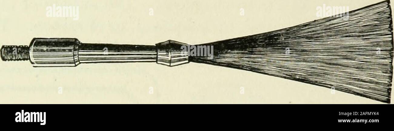 . L'électricité pratique en médecine et chirurgie. roded par l'action électrolytique lorsqu'une solution saline est utiliséspour les humidifier. La coupe (Fig. 198) montre un certain nombre d'theelectrodes utilisé par Erb. Les plus petits sont utilisés pour finenerve-branches et petits muscles, tandis que les plus grandes sont pour déterminer la réaction quantitative de divers muscles.L'électrode indifférente de Erb a une surface de cinquante, squarecentimeters est de forme oblongue, avec une surface légèrement concave, et bien rembourré avec du coton. Sa taille est d'environ cinq à dix cen-timeters (deux par quatre pouces). Cette électrode est utile dans Banque D'Images