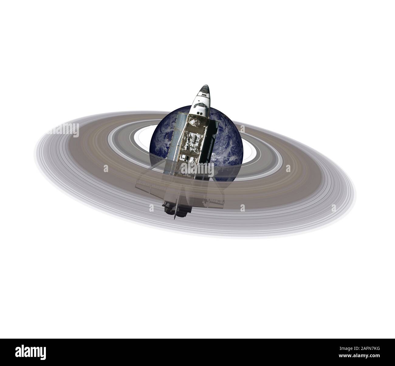 La planète Terre avec anneau de système solaire isolé près de la navette spatiale sur fond blanc. Éléments de cette image fournie par la NASA. Banque D'Images