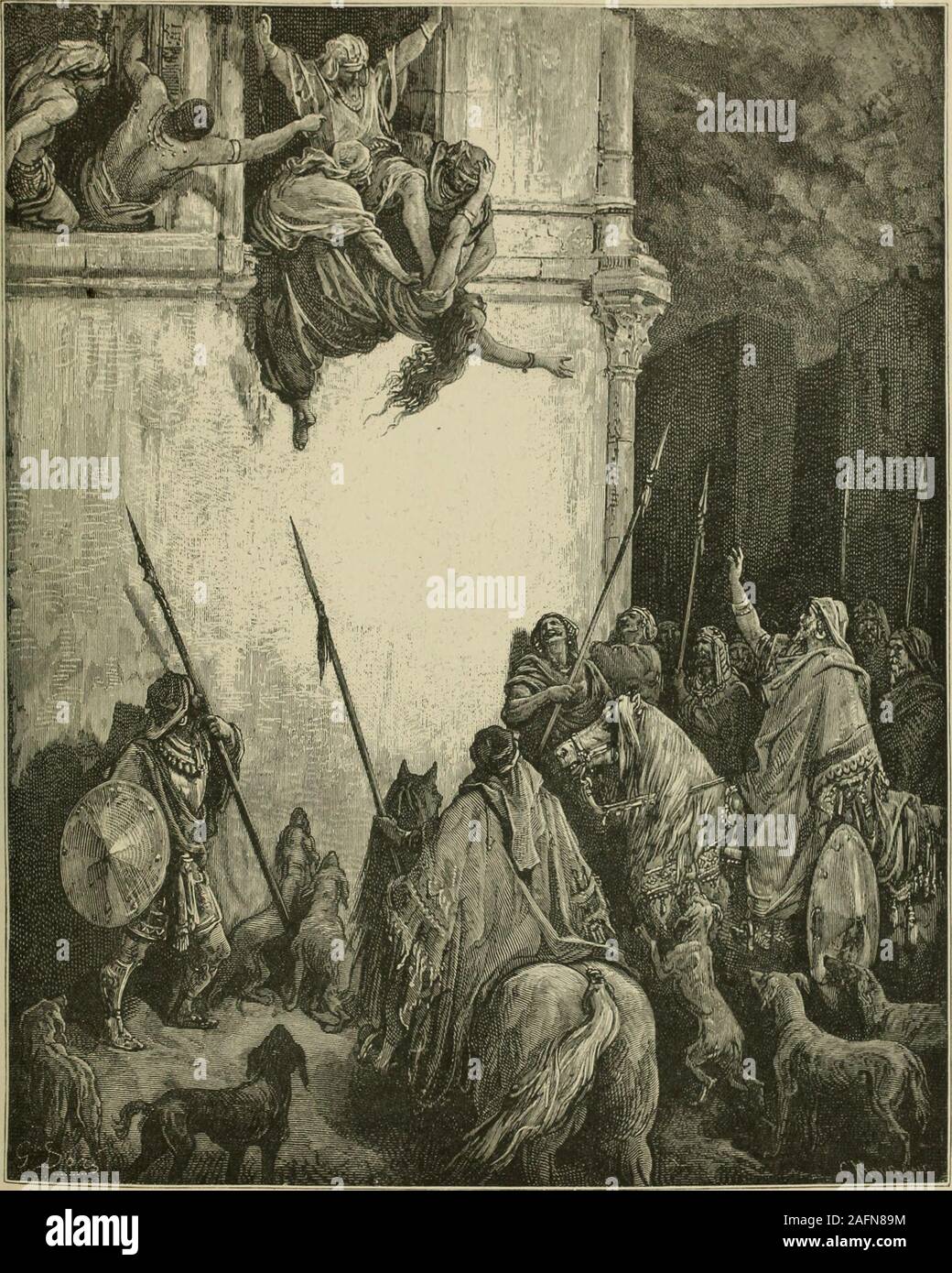 . La Bible panorama, ou les Saintes Écritures dans l'image et l'histoire. qui sont à gauche de la famille d'Achab, pour me punir themfor tuer mes prophètes, et de la mort de tous mes serviteurs que le wickedJezebel a tué. Pour toute la famille d'Achab seront détruites, comme thefamily de Jéroboam a été détruit, jusqu'à ce que pas un seul d'entre eux est à gauche. Et le dogsshall manger Jézabel dans la ville de Jizreel, et il n'y aura personne pour l'enterrer. Quand le jeune homme avait prononcé ces paroles à Jéhu, il a ouvert le doorof la maison et s'enfuit comme Élisée lui avait dit de faire. Et Jéhu sortit de nouveau pour les chefs des Banque D'Images