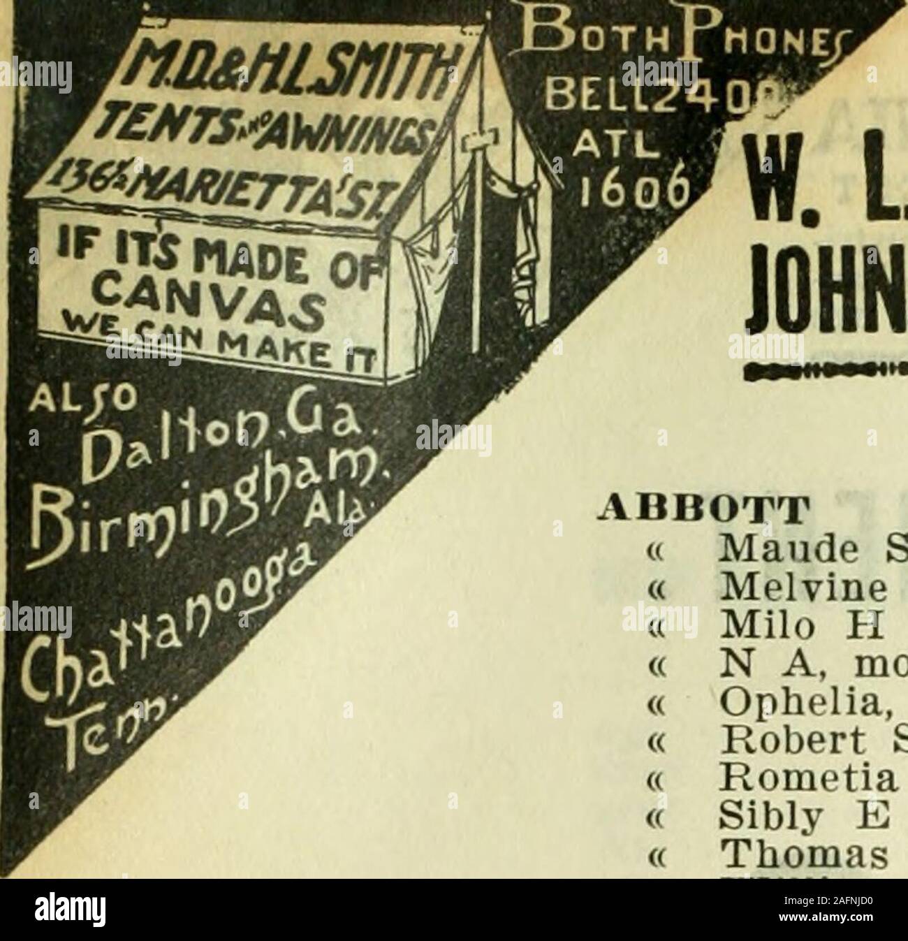 . Annuaire de la ville d'Atlanta. DR.WOOLLEYS SANITARIUM POUR LE TRAITEMENT DES MALADIES nerveuses, l'opium, DE WHISKY ET D'AUTRES HABITUDES DE DROGUE AUSSI UNE HOMETERATMENT SANITARIUM 321 WHITEHALL TÉLÉPHONE BELL M. 1527 Dr B. M.WOOLLEYCOMPANY 237 OFFICE WHITEHALL ST.794 M. Bell Téléphone. Du coup GRATUITEMENT EMPIRE IMMOBILIER Bldg. S-téléphones, fiS,SOCIÉTÉ MULTIGRAPHING ffi EAGLE8 N.FORSYTH ST. Travail correct et soigné SERVICE GARANTI PMMPT FONE M. 1158 CO  =c œ P LU 446 Maude ABBOTT S Mlle, steno Beck & Gregg Hdw Co, r 104 Stonewall Melvine E, elk stock Geo Muse Clo co r, Acworth, Ga Milo H (Isabelle), sec-treas Abbott di Co, r 283 Scpir Banque D'Images