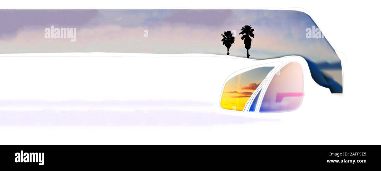 Wanderlust travel concept de luxe voiture rapide ou de limousine stretch blanc volant dans le soleil couchant de taille de bannière mobile disponible pour travailler sur des écrans d'ordinateur portable et mobile Banque D'Images