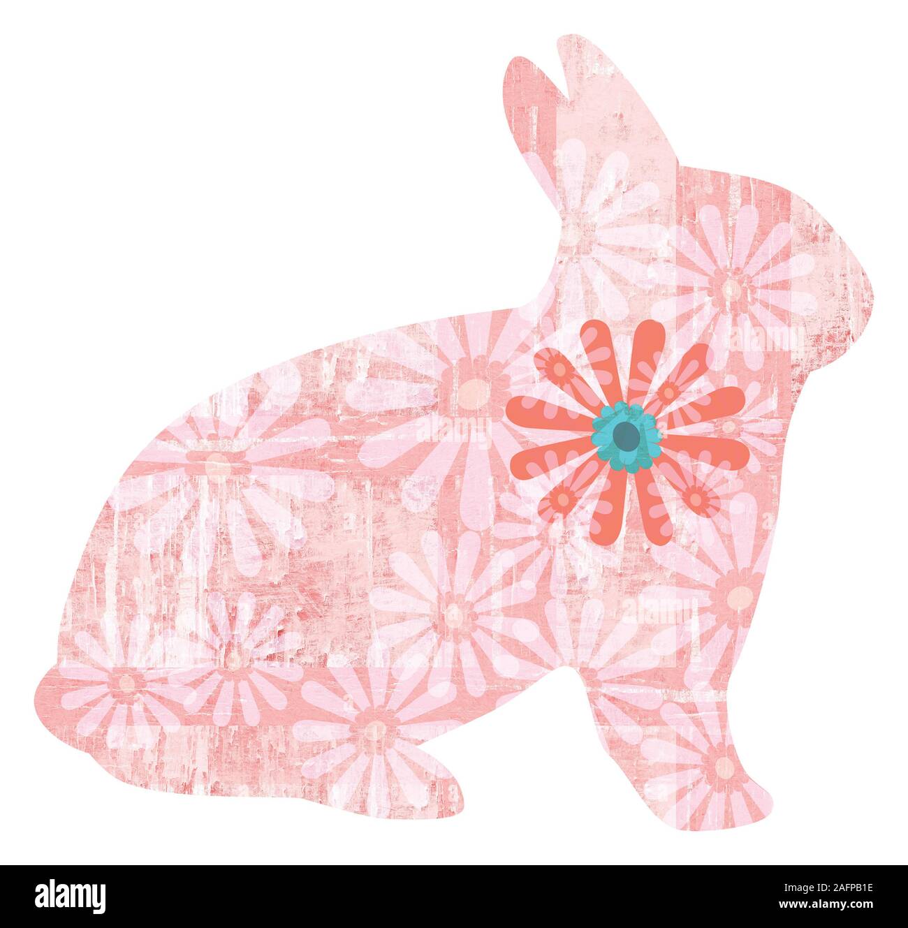 À motifs de fleurs rose corail bunny isolé sur blanc avec une texture de surface Banque D'Images