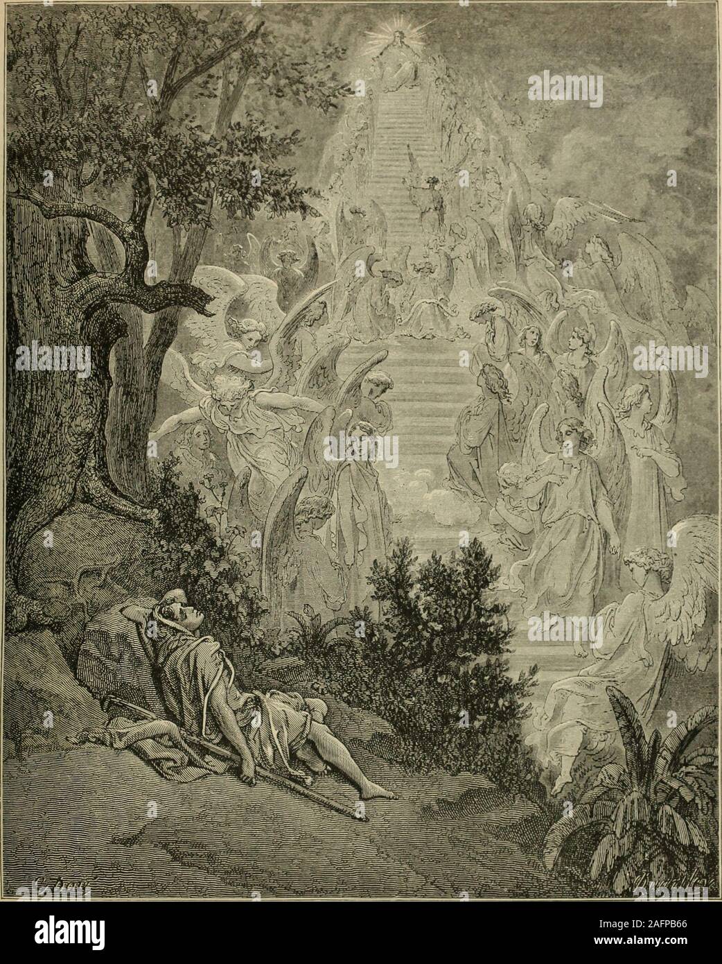 . La Bible panorama, ou les Saintes Écritures dans l'image et l'histoire. e pays de Canaan, à lui et à hisdescendants, et que ses descendants devraient être une grande multitude de personnes.Et le Seigneur a dit qu'il serait avec Jacob pour prendre soin de lui où qu'heshould aller, et le retour au pays de Canaan. Jacob s'éveilla de son sommeil et avait peur, parce que le Seigneur et il hadbeen parlé dans son rêve et il se leva de bon matin et se prosterna devant le Seigneur. Il appela ce lieu du nom de Béthel, whichmeans, La maison de Dieu. Et Jacob a promis que si le seigneur de takecare Banque D'Images