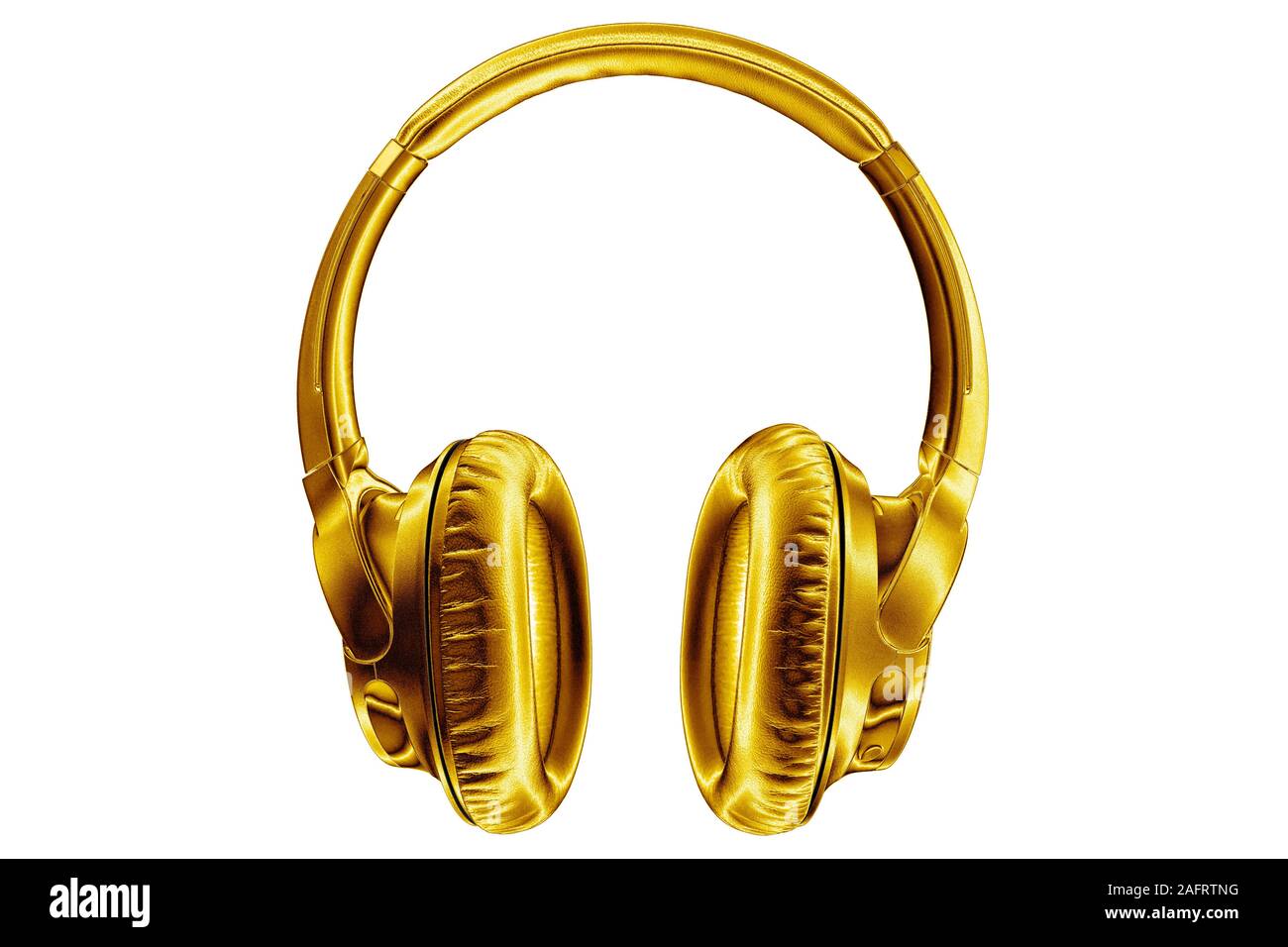 Casque sans fil brillant doré sur fond blanc gros plan isolé, cher gold  métal casque Bluetooth, haut de gamme moderne wi-fi écouteurs jaune Photo  Stock - Alamy