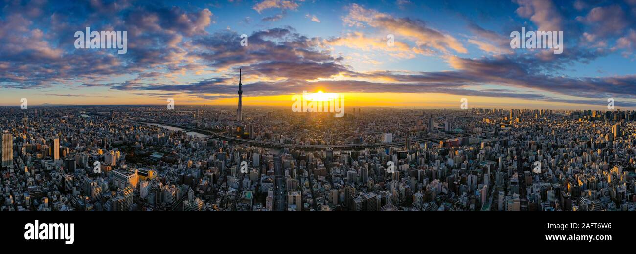 Vue panoramique aérienne par drone de Tokyo Cityscape avec Tokyo Sky Tree visible dans la ville de Tokyo, au Japon, le lever du soleil. Banque D'Images