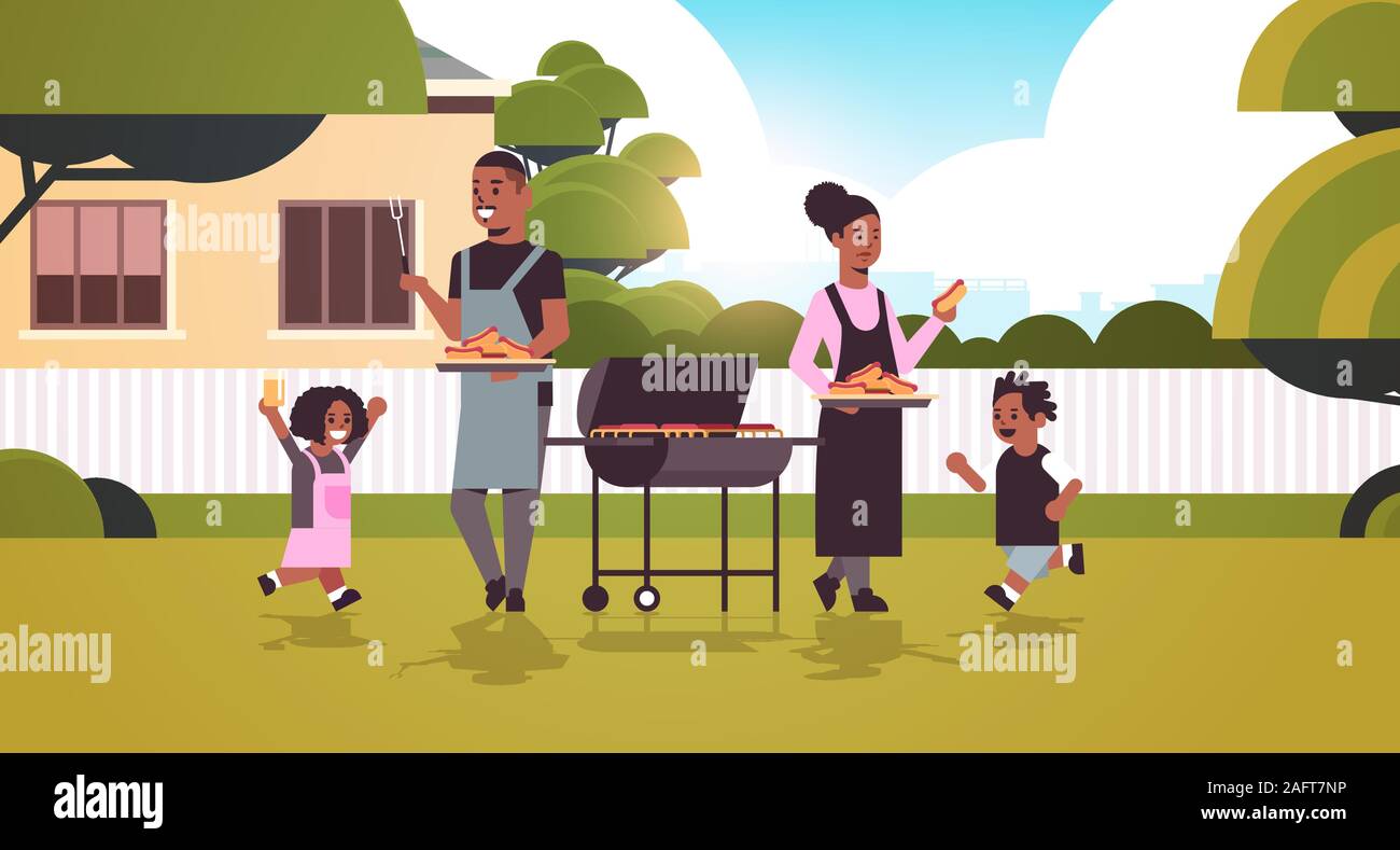 La préparation de la famille des hot-dogs sur le gril african american parents et enfants s'amusant backyard barbecue pique-nique télévision concept illustration vectorielle horizontale pleine longueur Illustration de Vecteur