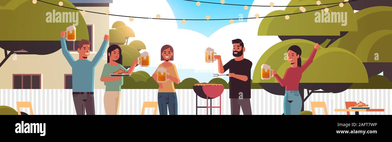 Les amis de préparer des hot-dogs sur le gril et boire de la bière professionnels hommes femmes group s'amusant backyard barbecue pique-nique party concept télévision portrait d'illustration vectorielle horizontale Illustration de Vecteur