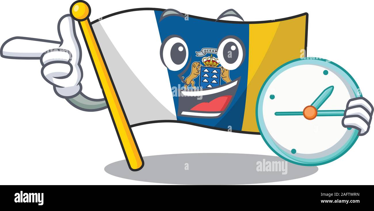 Drapeau souriant île des Canaries Sélectionnez style de caractère de dessin animé avec horloge Illustration de Vecteur