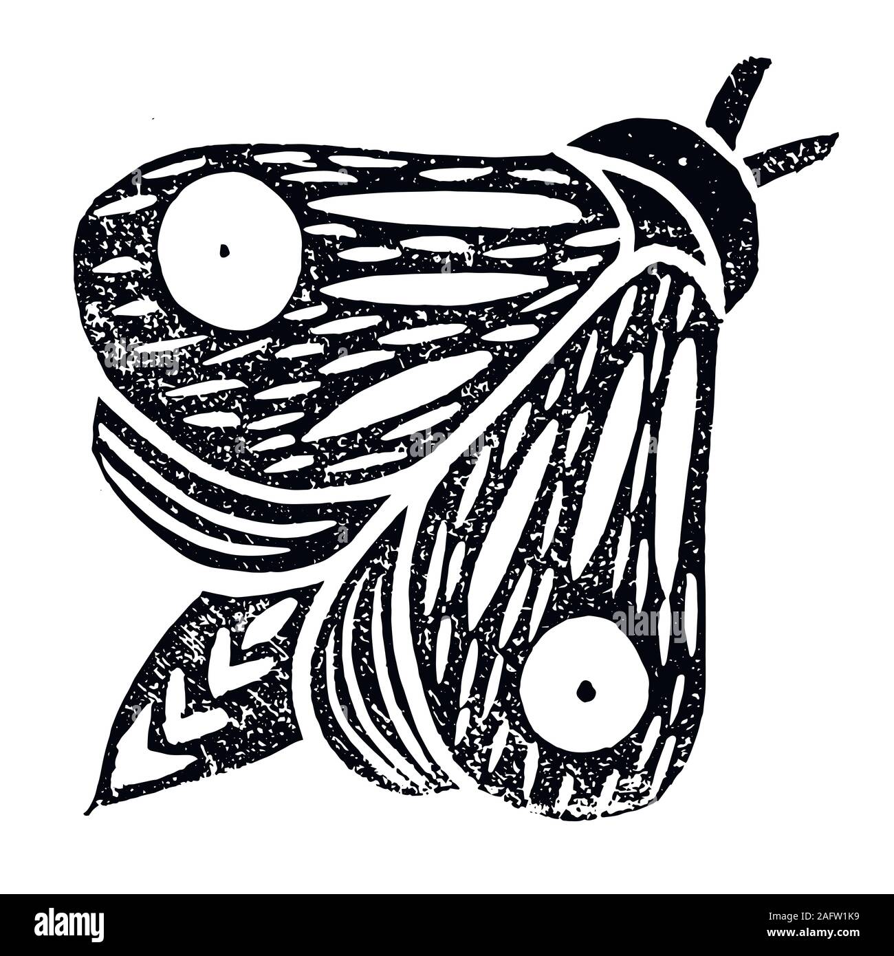 Papillon. Illustration vectorielle Linocut faite à la main. Couleur noire. Isolé sur blanc. Illustration de Vecteur