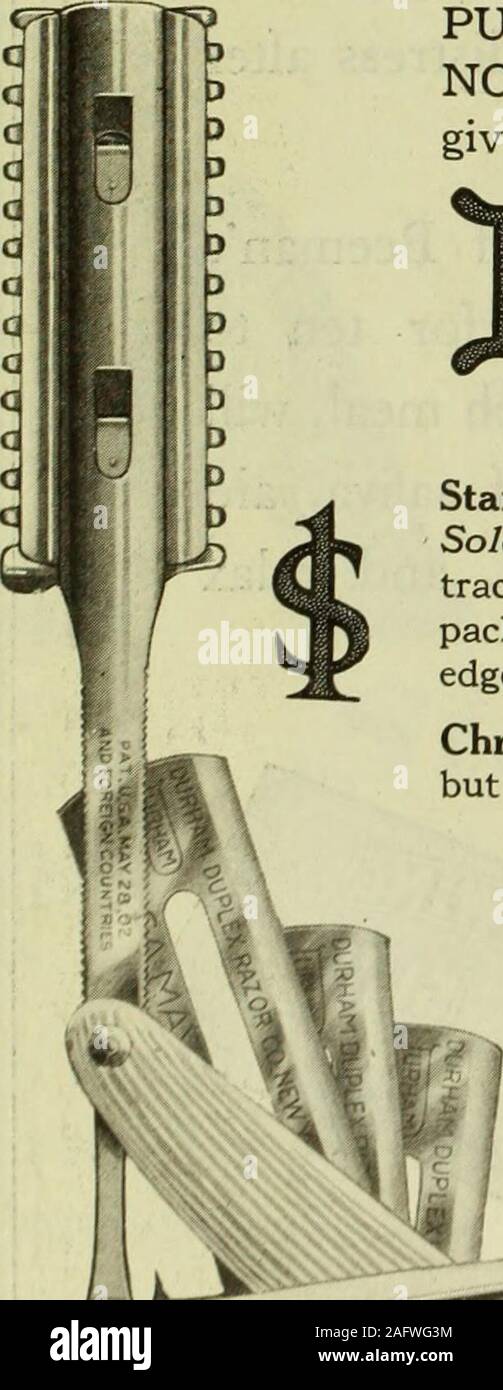 . Le Saturday Evening Post. 99. bon pour moi ! C'est ce que l'enfer vous morningif Noël dire lui donner une Durham-Duplex Razor.Placez-le sur votre LISTNOW de Noël. Si facile à acheter ; si raisonnable togive ; ainsi certain de plaire.  %/F *véritable rasoir d'eurossécurisé jeu standard, un dollar. Fait andSold au Canada au même prix. Rasoir à traction à poignée en ivoire, la sécurité américaine andpackage Durham-Duplex la garde de trois pales (6), le tout dans shavingedges américain beau cas d'ivoire. Modèle de Noël, deux dollars. Même comme abovebut avec contacts or porte-lames et d'un dispositif de sécurité.D'autres ensembles jusqu'à 12 lames supplémentaires 5 Banque D'Images
