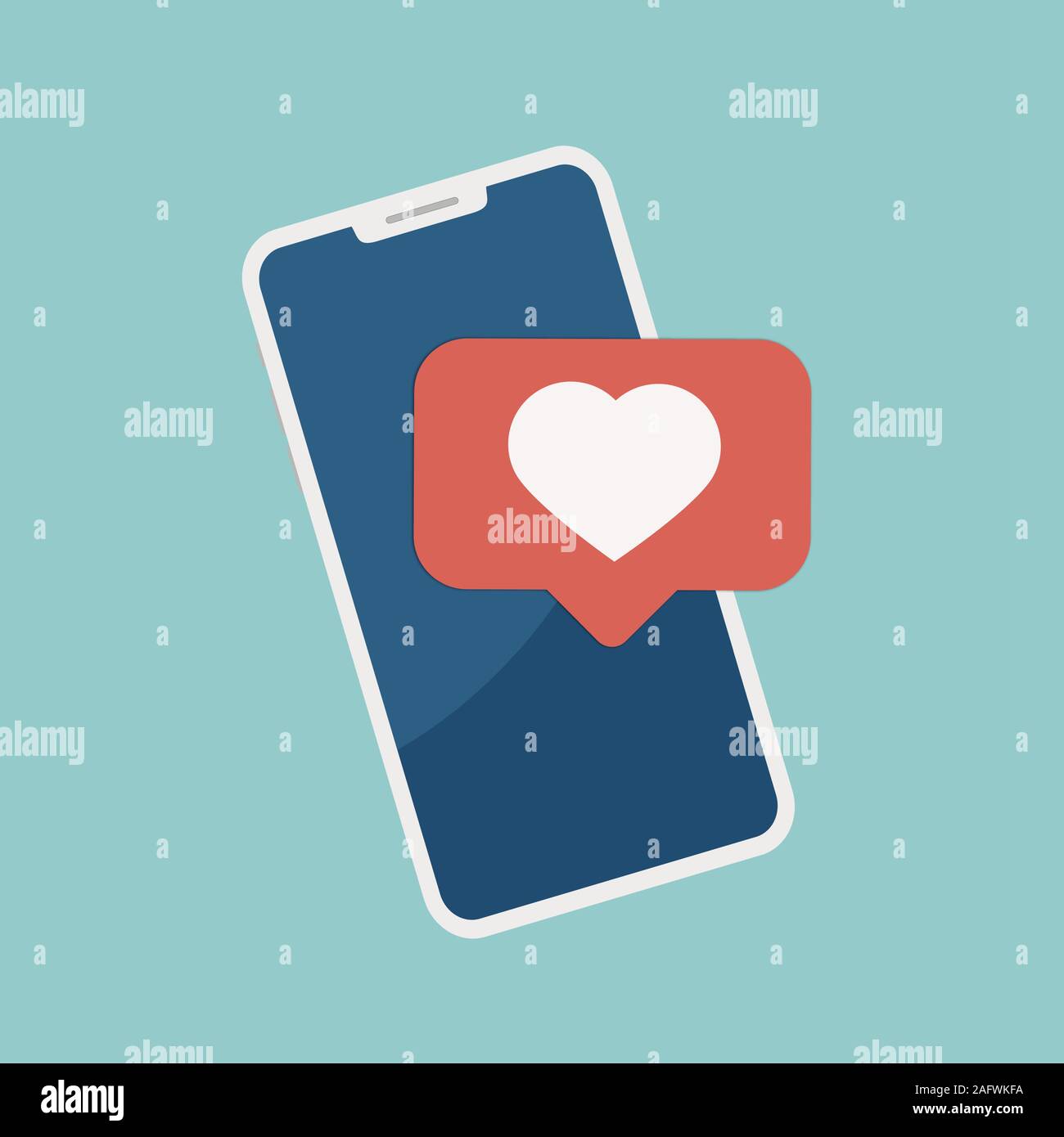 Smartphone avec coeur bulle emoji obtenez le message à l'écran. Réseau social et l'appareil mobile concept. Illustration de Vecteur