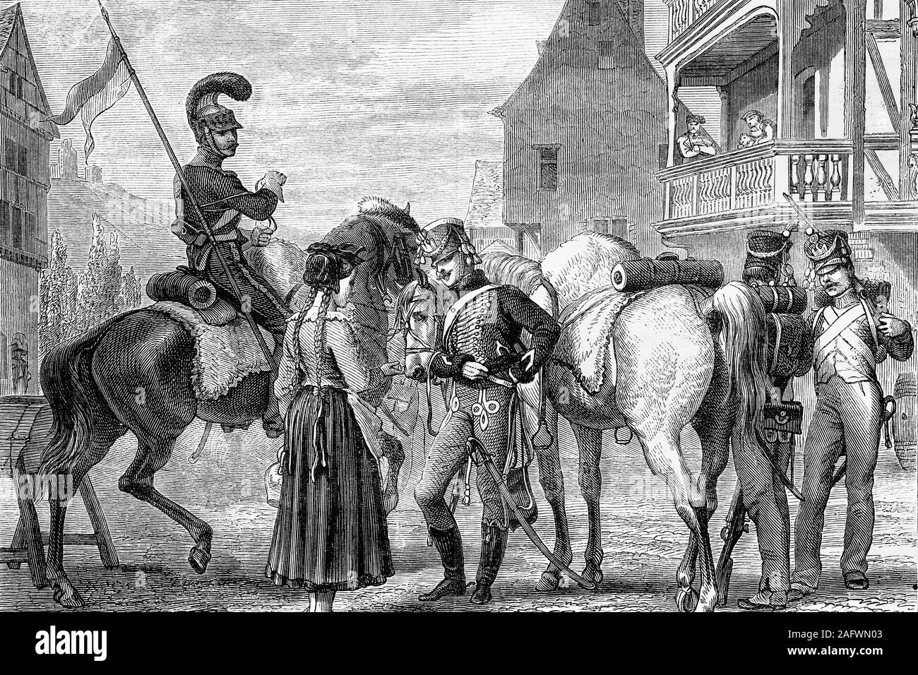 La cavalerie de Napoléon, cavaliers. Garde d'honneur et de la garde nationale. XIX siècle. Illustration d'antiquités. 1890. Banque D'Images